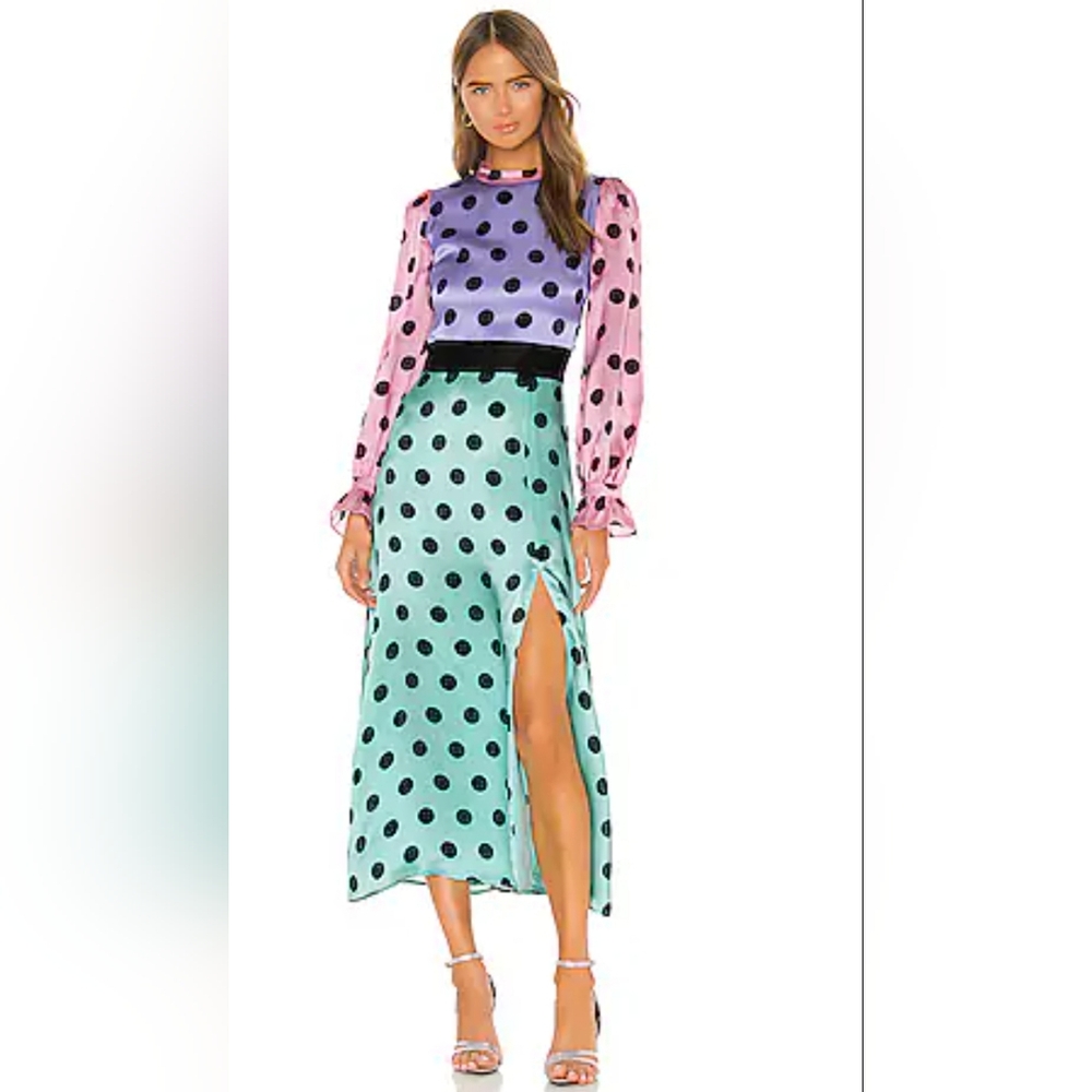 NWT OLIVIA RUBIN Marley Silk Color block Polka Dot Slit Dress 2